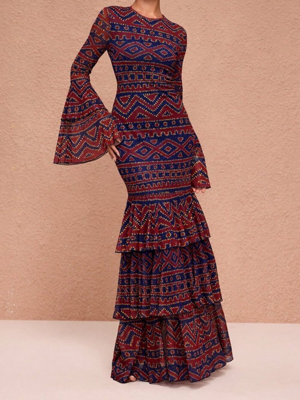 Multicolor Elegant Women's Boho Mesh Maxi Dress with Tiered Flared Sleeves - Picture 3 of 7